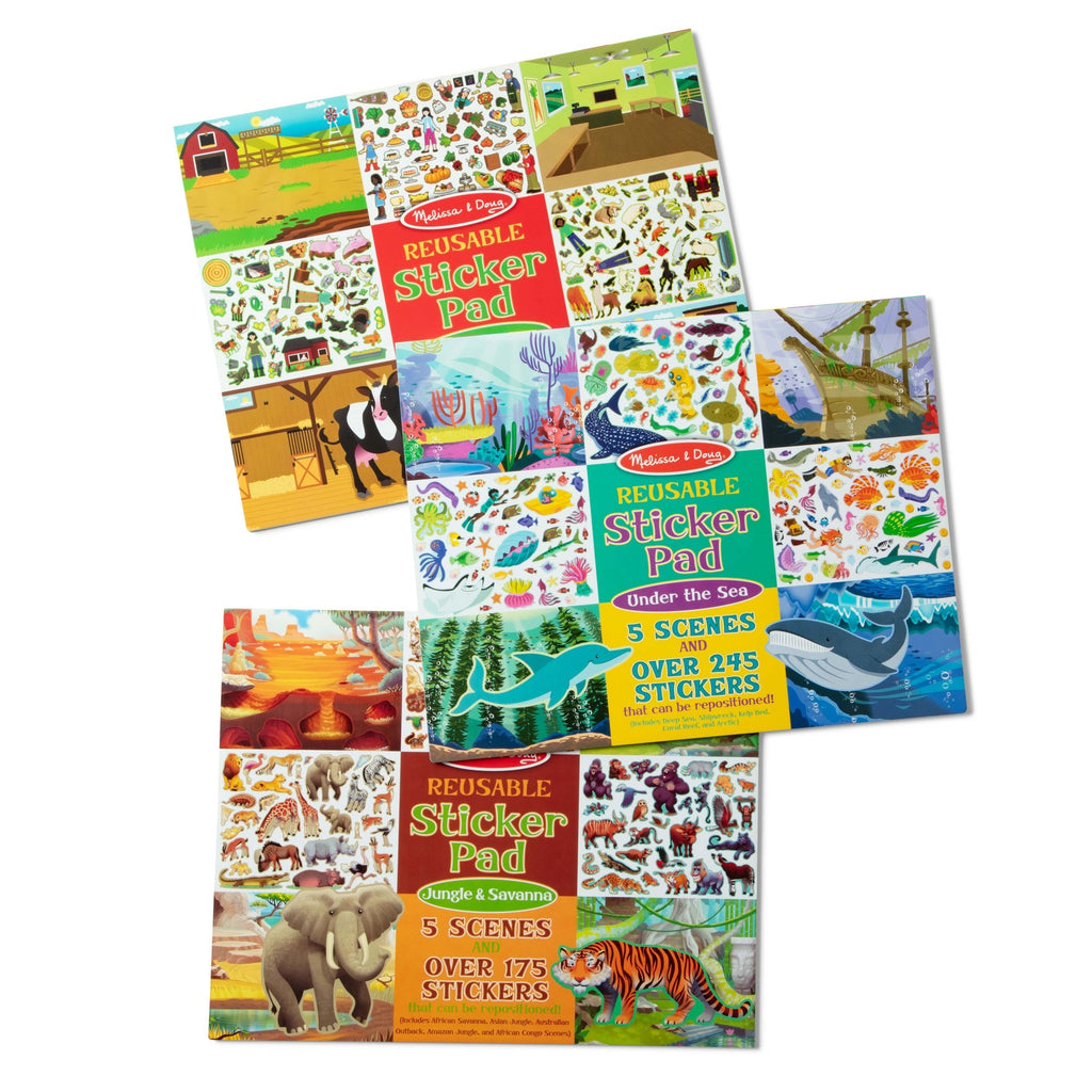 Educational Reusable Sticker Pad 3-Pack Jungle Farm Under the Sea
