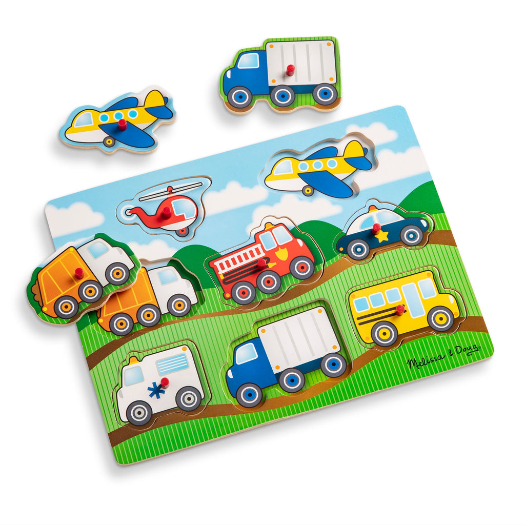 Educational Wooden Peg Puzzle 4-Pack Vehicles Farm Safari Pets
