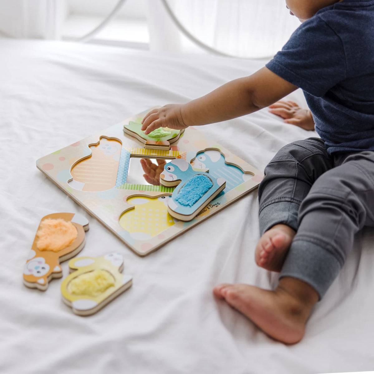 Educational First Play Wooden Touch and Feel Puzzle Peek-a-Boo Pets With Mirror