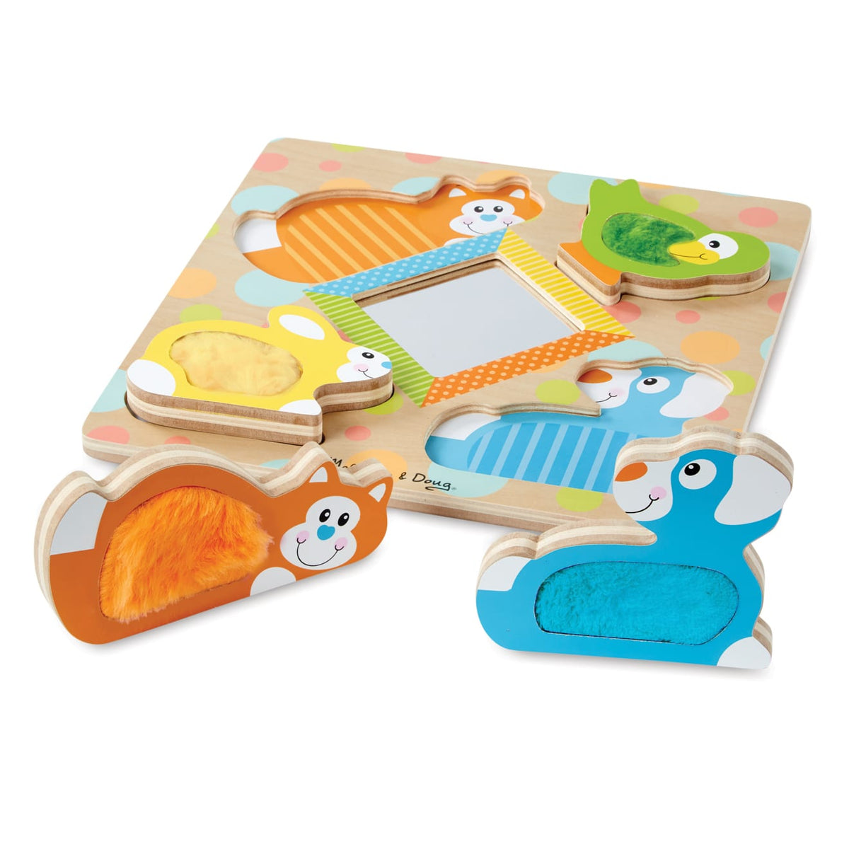 Educational First Play Wooden Touch and Feel Puzzle Peek-a-Boo Pets With Mirror