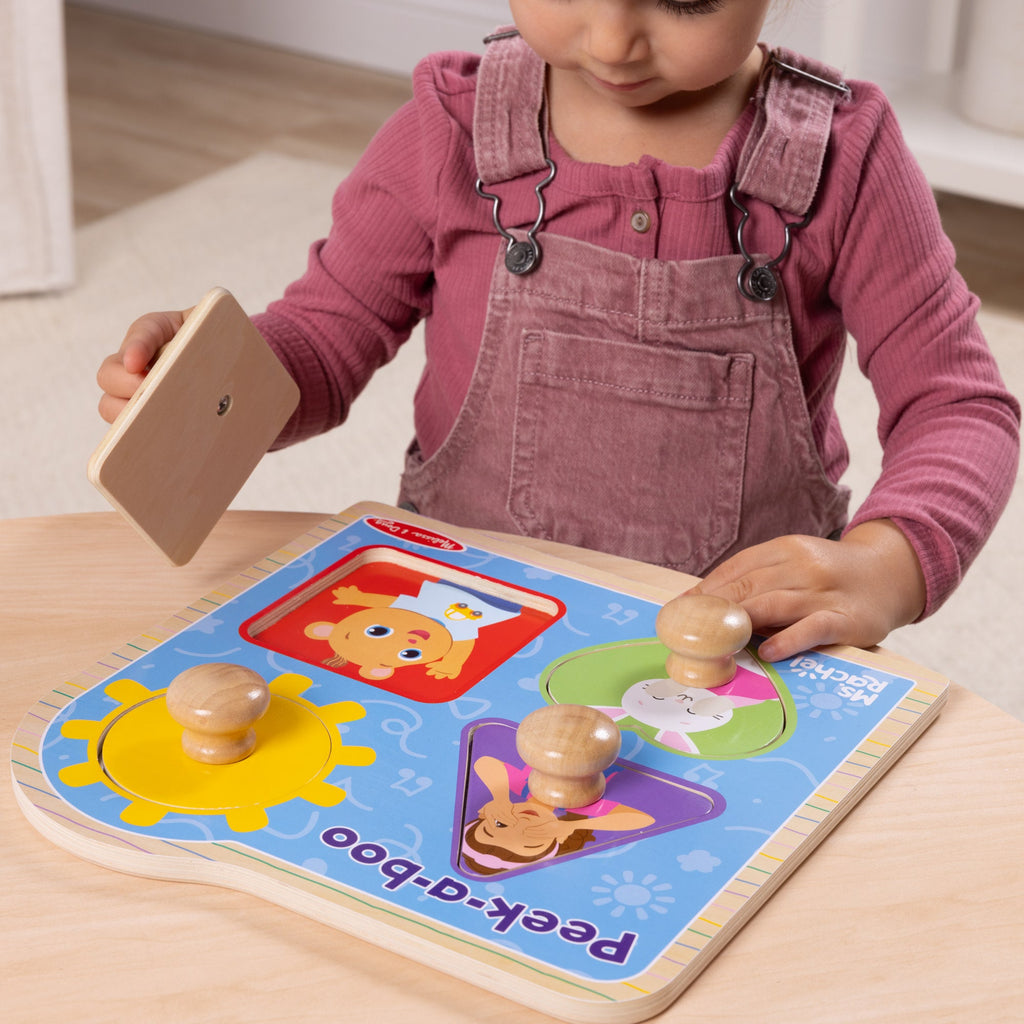 Educational Ms. Rachel Wooden Peek-a-Boo Jumbo Peg Puzzle 4 Pieces